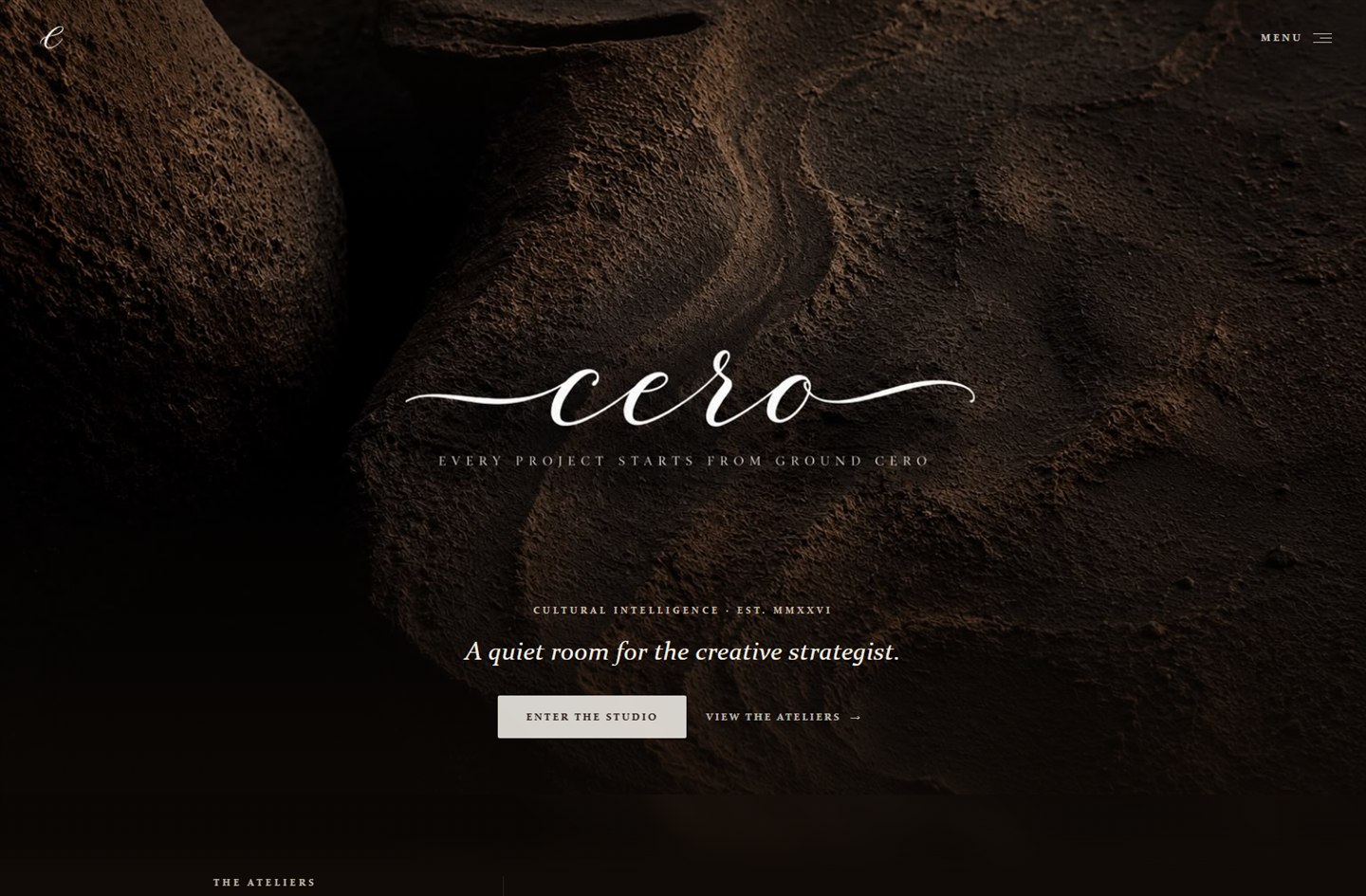 Cero's landing page: the wordmark over a dark clay texture with the line 'A quiet room for the creative strategist.'