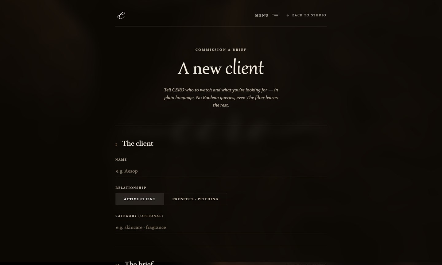 Cero's new client screen: 'Tell CERO who to watch and what you're looking for in plain language. No Boolean queries, ever.'