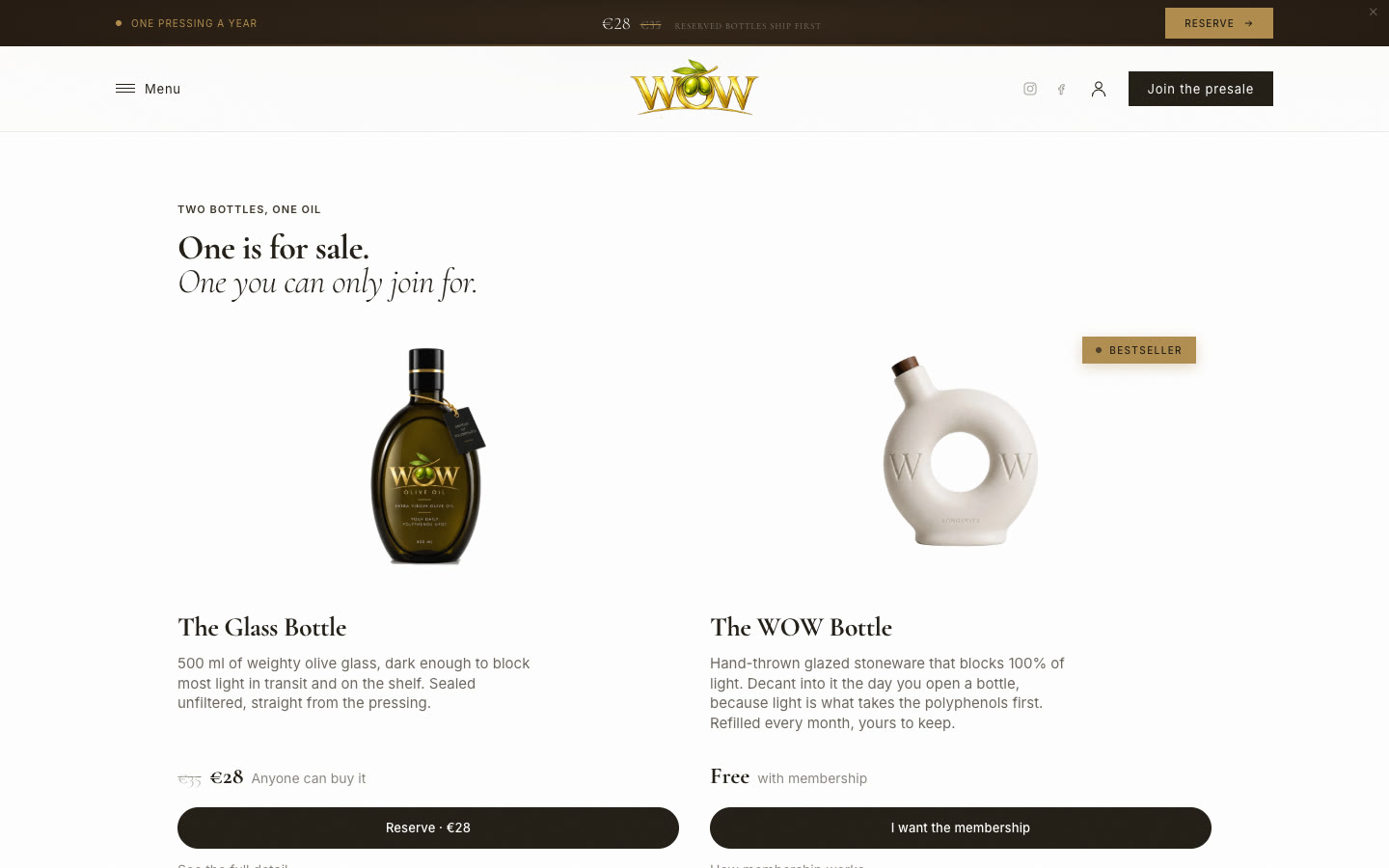 Two bottles side by side: The Glass Bottle at €28, and the white stoneware WOW Bottle, free with membership.