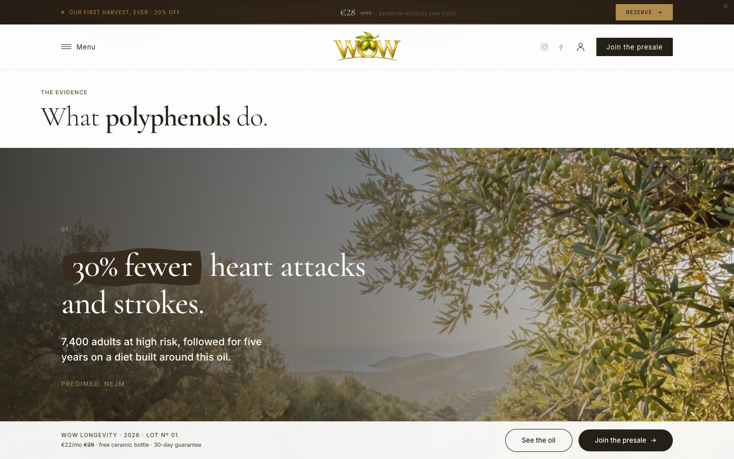 The evidence section: What polyphenols do, with 30% fewer heart attacks and strokes over a photo of olive branches, sourced to PREDIMED in the NEJM.