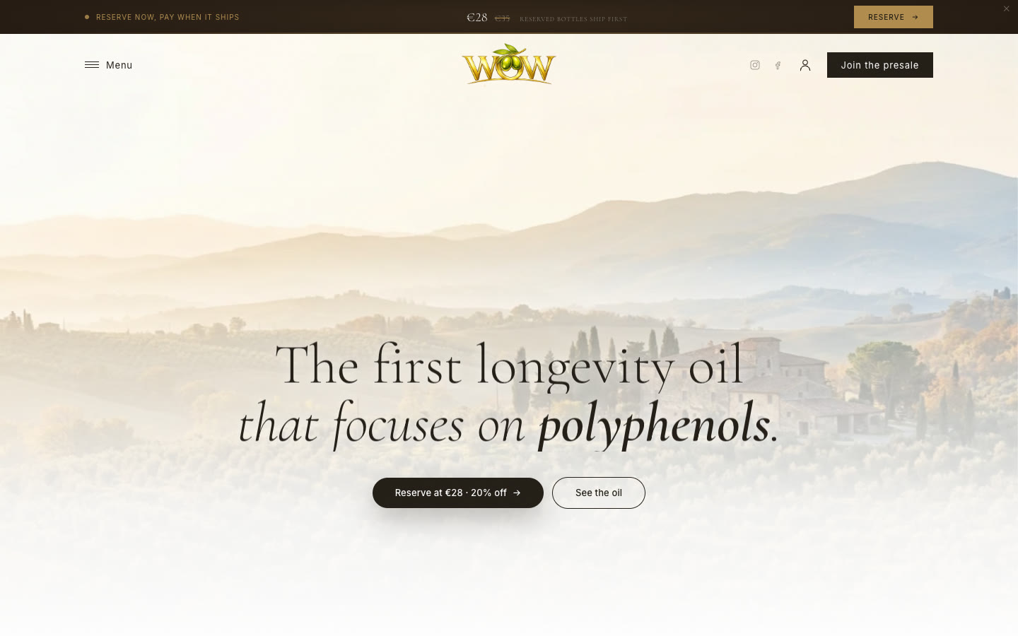 Homepage hero: a misty Mediterranean landscape with the headline The first longevity oil that focuses on polyphenols, and a button to reserve at €28.