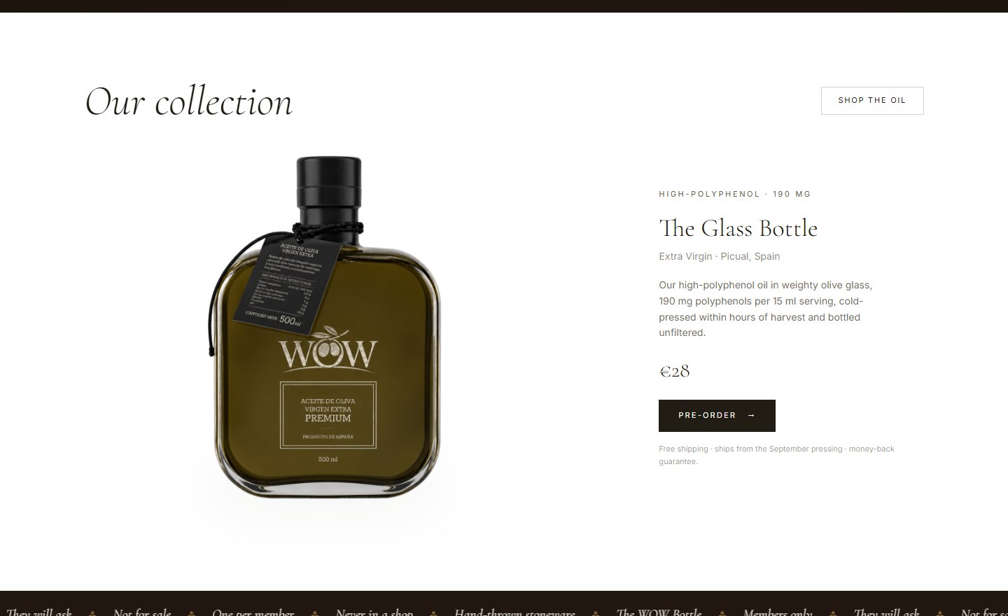 Product section showing The Glass Bottle at €28 with pre-order button.
