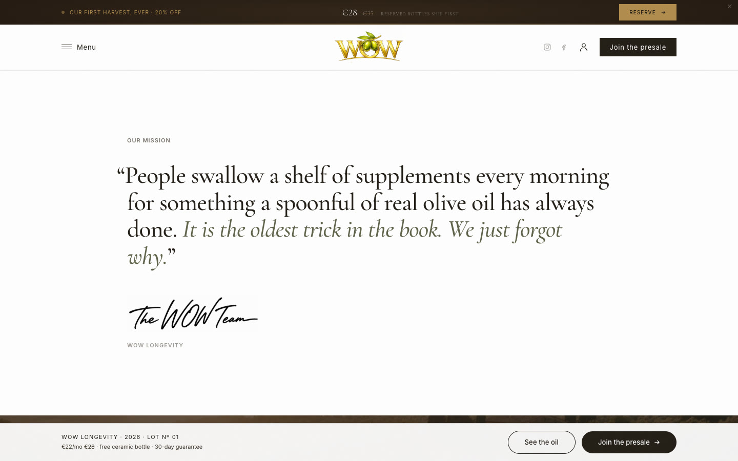 The mission statement in a large serif quote, signed by The WOW Team.