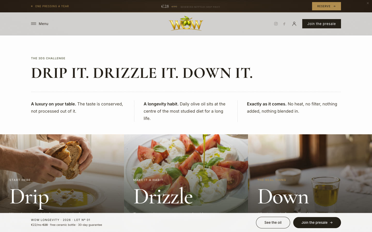 The 3Ds challenge: Drip it, drizzle it, down it, with three photos of bread, tomatoes and burrata, and a glass of oil.