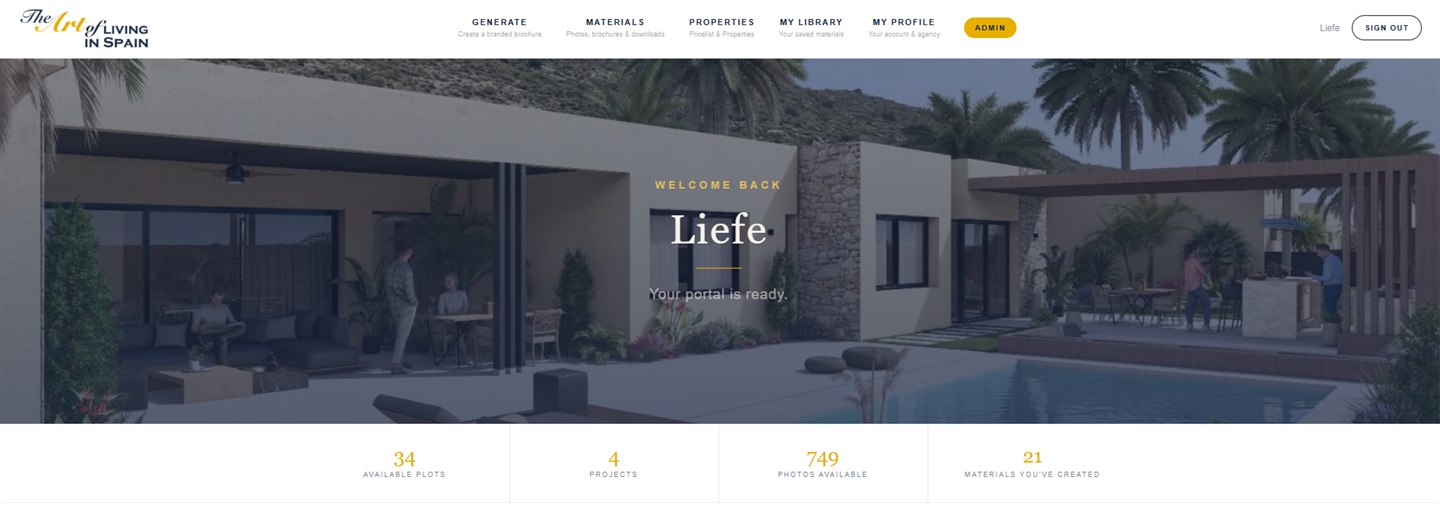 Portal home screen showing 34 available plots, 4 projects, 749 photos available and 21 materials created.