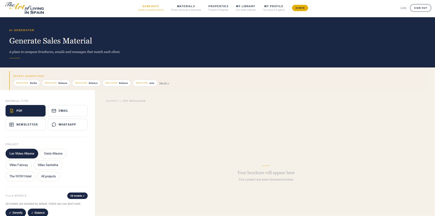 The portal's AI generator screen: material type options for PDF, email, newsletter and WhatsApp, with project and villa model selectors.