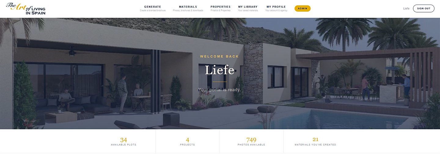 Portal home screen showing 34 available plots, 4 projects, 749 photos available and 21 materials created.
