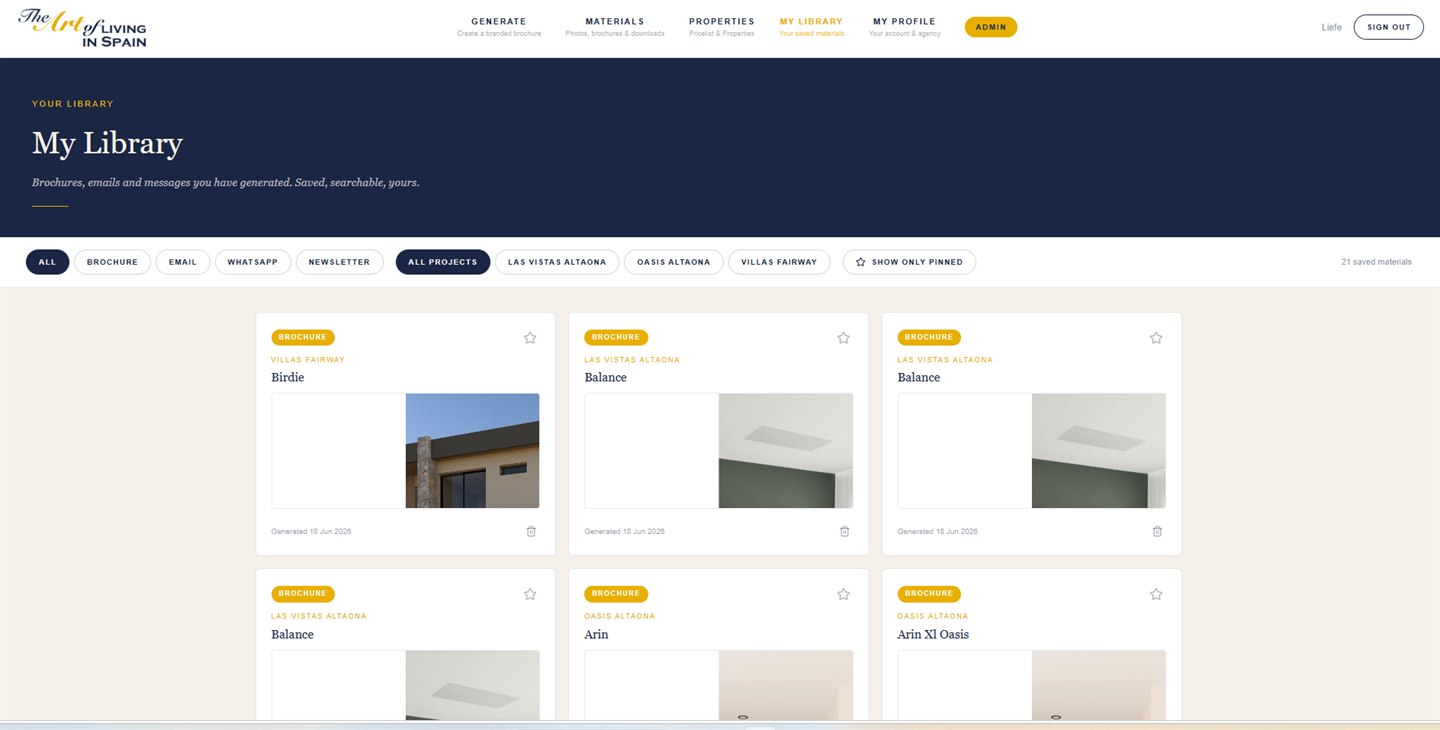 My Library view with saved brochures filterable by format and project.