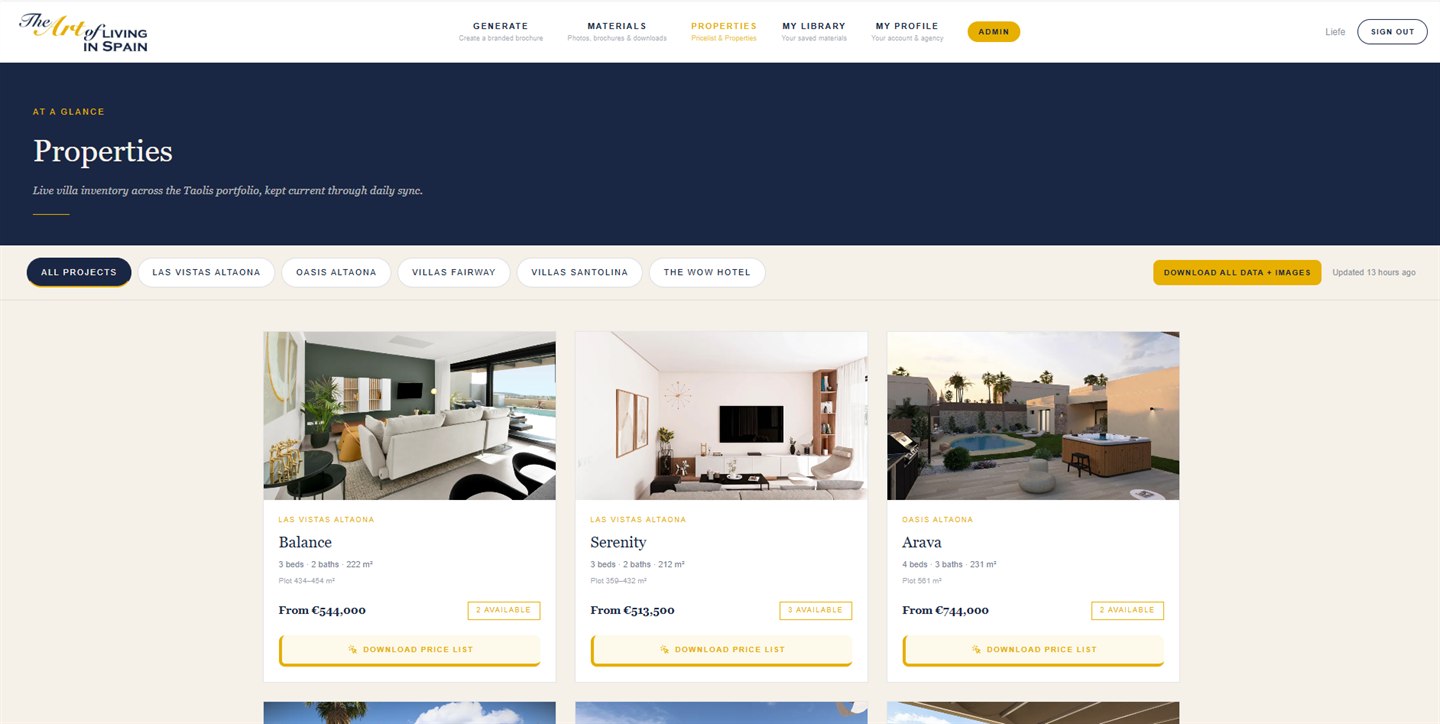 Live properties view showing villa models with prices, plot sizes and availability counts, updated 13 hours ago.