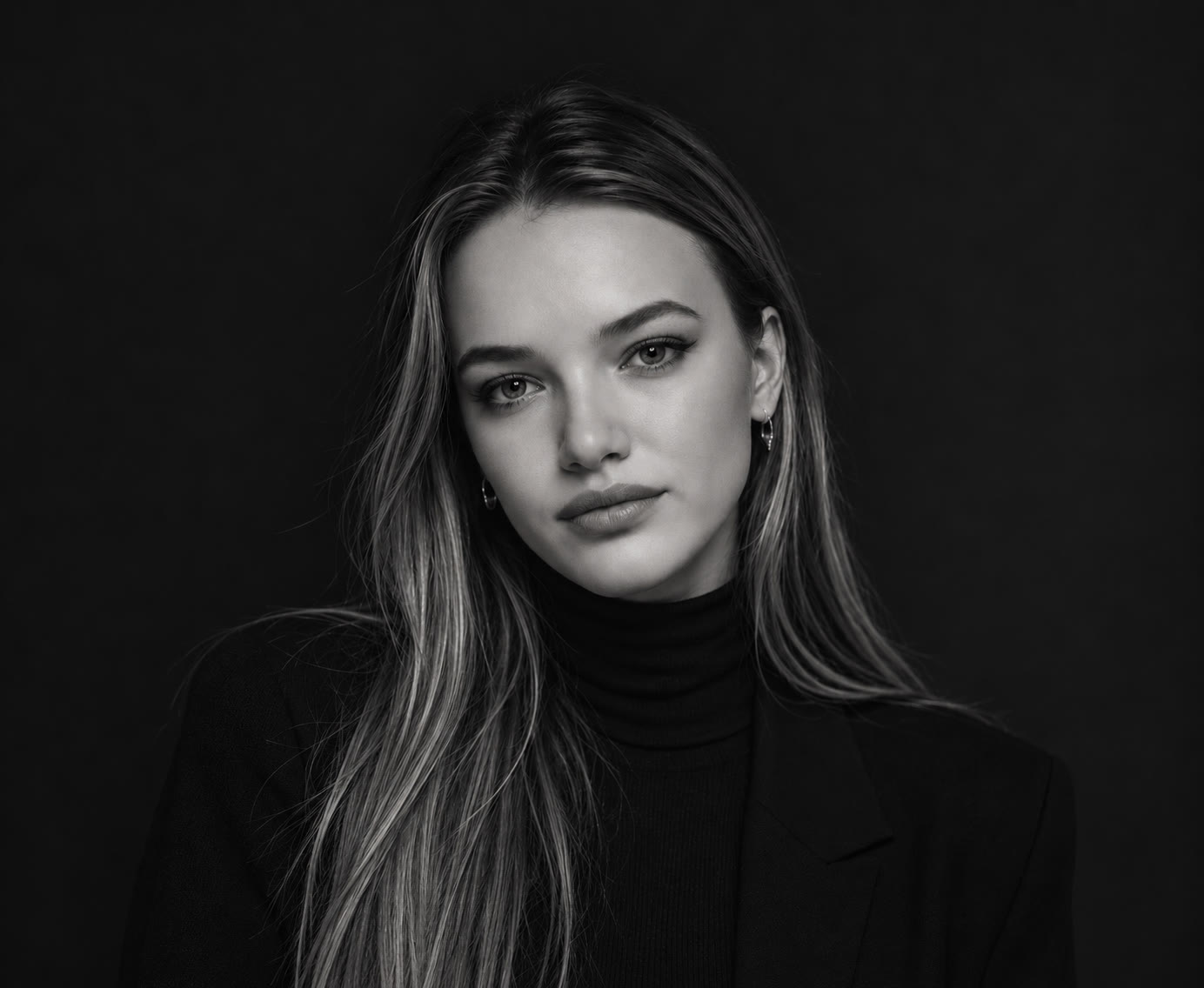 Black and white portrait of Liefe Oorbals in a black turtleneck and blazer.