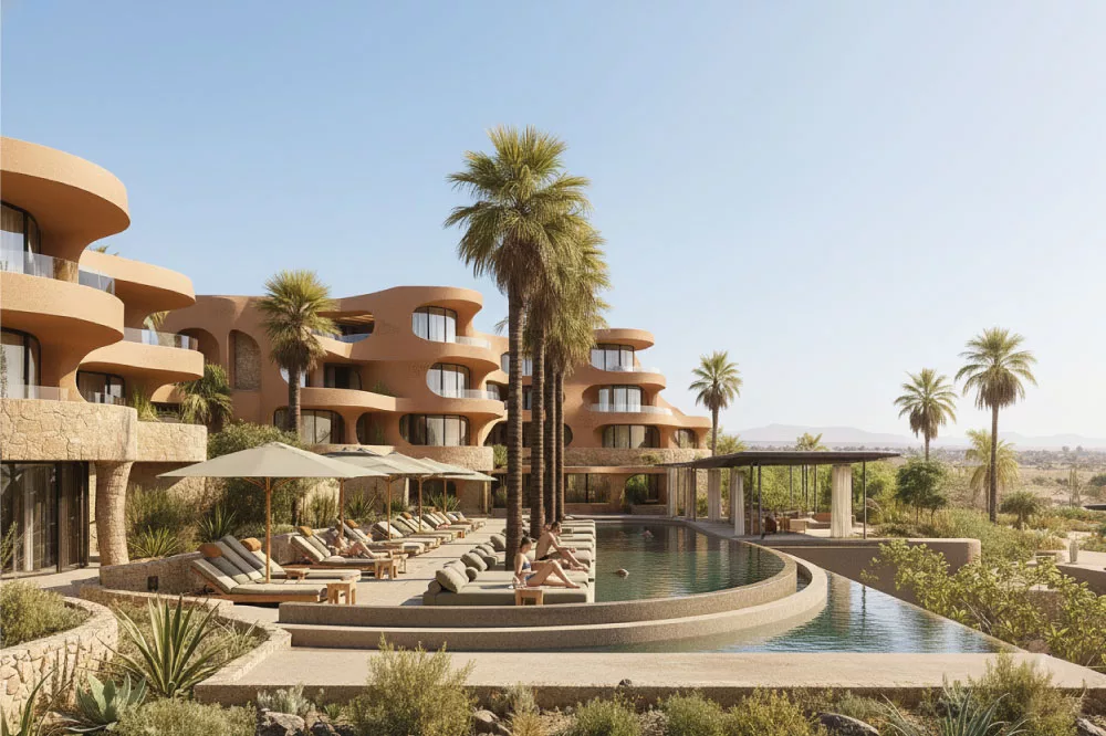 The resort: curved terraced buildings, palms and a pool under a clear sky.